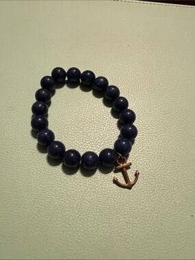 Navy Beaded Bracelet with Anchor Charm